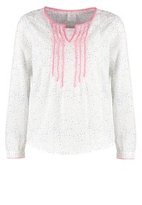 Weiße Bluse mit einem feinen Punktmuster in Hellblau, einem pinkfarbenen Ausschnitt und dekorativen Falten. Lange Ärmel mit pinken Akzenten.