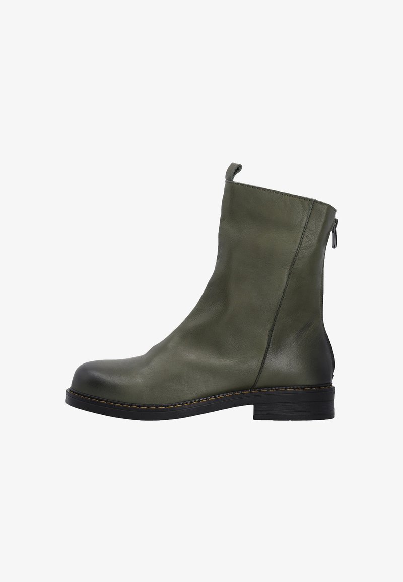 Olivgrüne Lederstiefelette mit glatter Oberfläche, runder Spitze und niedrigem Blockabsatz. Verfügt über einen seitlichen Reißverschluss und kontrastierende Nähte.