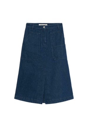 Jeansrock in dunkelblauer Farbe, A-Linie, mit Schlitz vorne und zwei vorderen Taschen. Mit einem Knopfverschluss an der Taille.