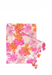 Sciarpa floreale in tessuto leggero, con grandi fiori rosa, arancioni e viola. I bordi sono decorati con frange multicolori per un tocco di texture in più.