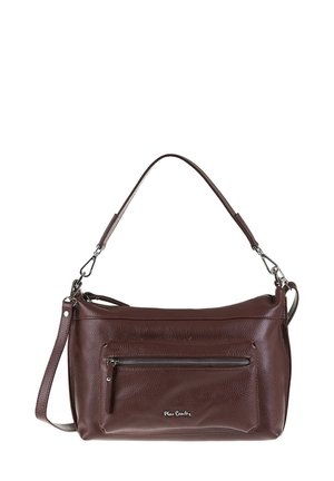 Sac à épaule en cuir brun foncé avec une seule sangle, une poche zippée à l'avant et une texture lisse. Éléments en métal argenté.