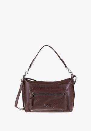 Donkerbruine leren schoudertas met een enkele schouderband, een voorzak met rits en een gladde textuur. Voorzien van zilveren hardware accenten.