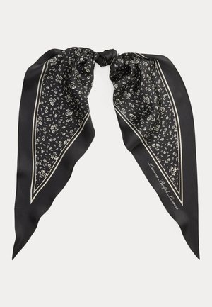 Pañuelo de seda negro con pequeño estampado floral blanco, borde blanco doble y delgado, y centro anudado.