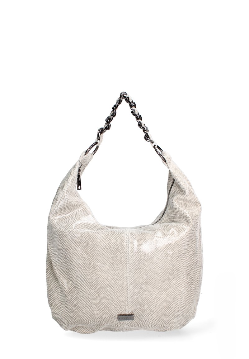 Borsa hobo in ecopelle beige chiaro con un motivo testurizzato e in rilievo. Dotata di una tracolla nera a catena e chiusura con zip.