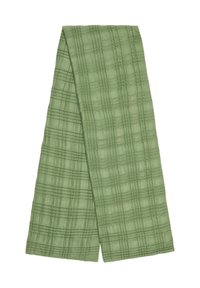 Écharpe à carreaux verts en tissu doux, présentant un motif texturé avec des lignes saillantes formant une grille sur sa surface.