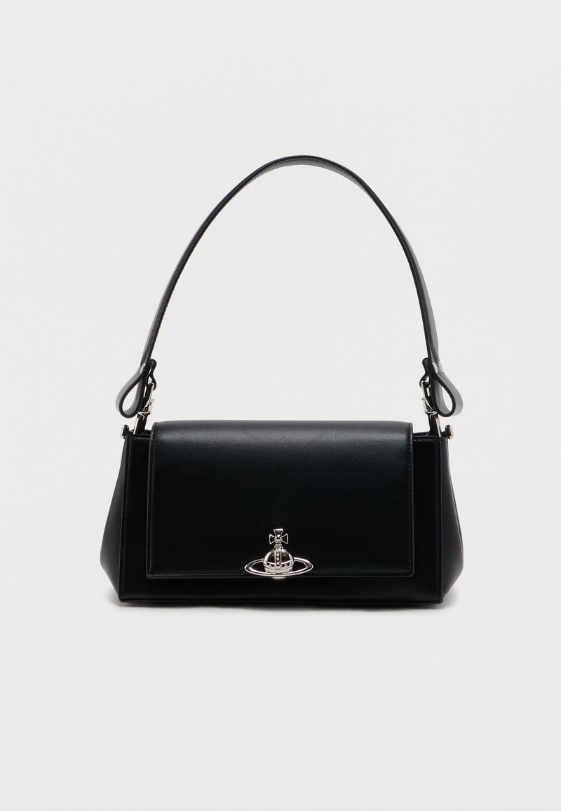 Black rectangular leather handbag with adjustable shoulder strap and silver orb-shaped metal logo clasp on front flap.