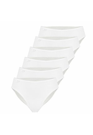 White cotton hipster panties in a pack of six, featuring a smooth texture, elastic waistband, and simple logo on the front.
