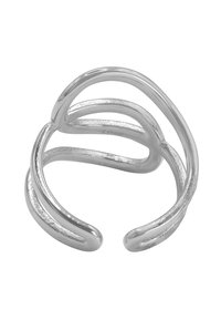 Anello in acciaio inossidabile argentato con bande curve intrecciate, finitura lucida e accenti testurizzati. Design aperto che consente la regolazione.