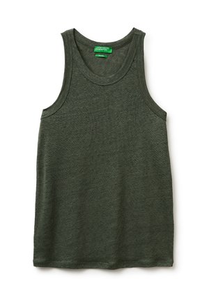 Débardeur vert foncé sans manches avec encolure arrondie et étiquette « United Colors of Benetton » à l'intérieur du col.