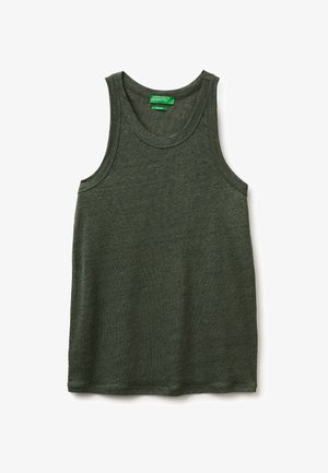 Mouwloos donker groen tanktopje met ronde halslijn en "United Colors of Benetton" label aan de binnenkant van de kraag.