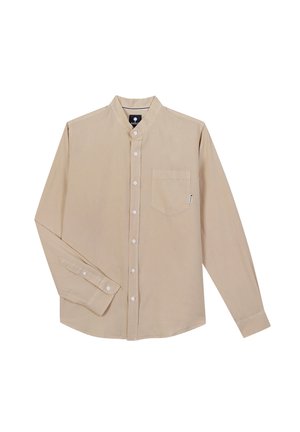 Beige Langarmhemd mit Stehkragen, vorderer Knopfleiste, einer Brusttasche und Knopfmanschetten. Glatte, einfarbige Stoffstruktur.
