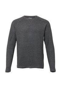 Gray long-sleeve sweatshirt made of textured fabric. Features a crew neck and raglan sleeves, with a small brand label near the hem.
