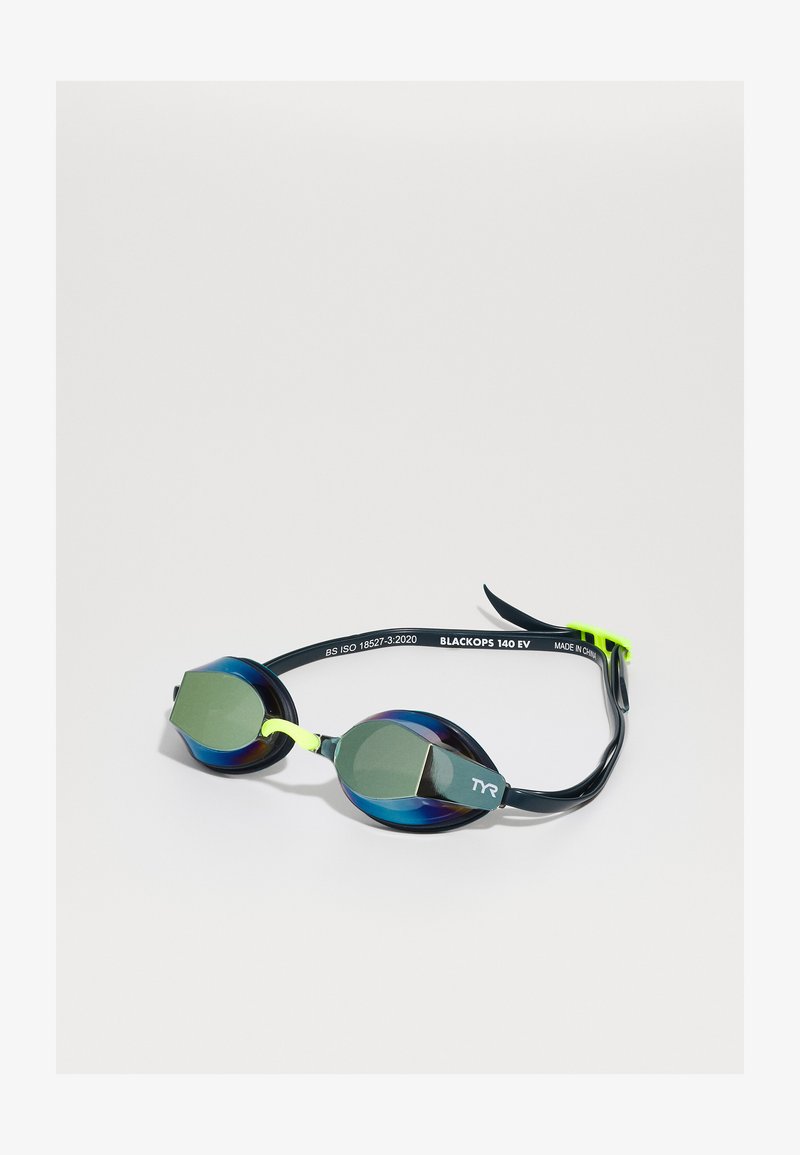 Schwimmbrille mit dunkelblauem Rahmen, grünen Akzenten und verspiegelten Gläsern. Charakteristisch ist ein stromlinienförmiges Design zur Reduzierung des Wasserwiderstands.
