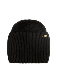 Cappello beanie nero lavorato a maglia con texture a coste. Presenta un piccolo accento del logo dorato sul lato, una parte superiore arrotondata e una vestibilità aderente.
