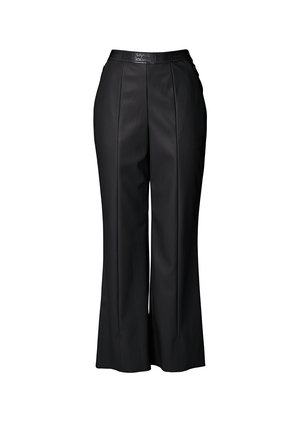 Sorte vide benbukser lavet af glat læder, med en høj talje, subtile prægede logoer og rene lodrette sømme.