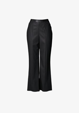 Sorte vide benbukser lavet af glat læder, med en høj talje, subtile prægede logoer og rene lodrette sømme.