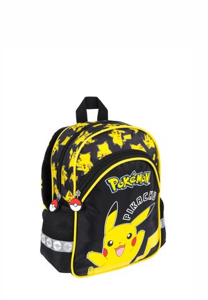 Black and yellow backpack featuring multiple Pikachu graphics, Pokémon logo, and Pokéball zipper pulls.