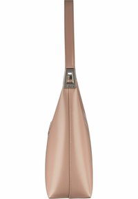 Sac à main en synthétique rose avec un design structuré, une forme effilée et une finition brillante. Comprend un accent en argent et une seule sangle.