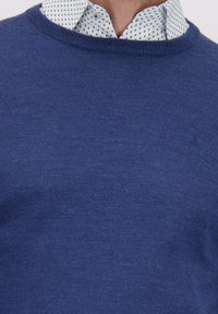 Donkerblauwe trui van soepele brei stof met een ronde hals. Het witte overhemd eronder heeft een subtiel patroon van kleine marineblauwe stippen.