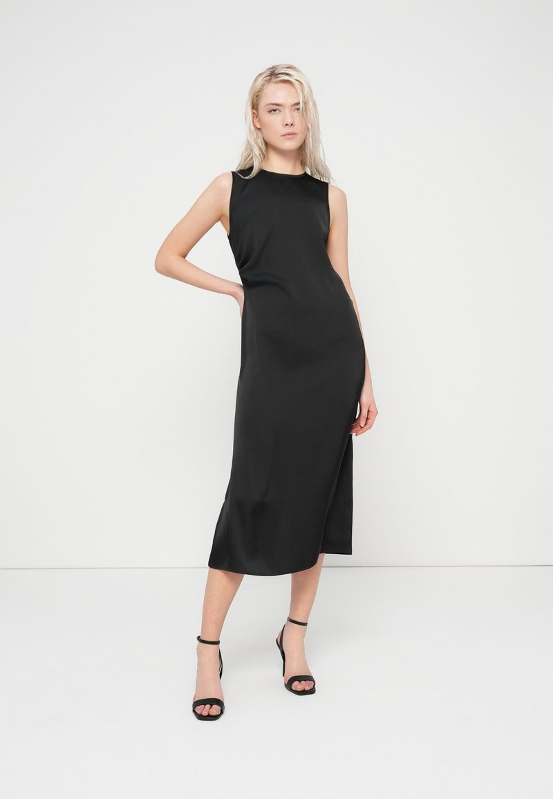 strapless open back dress Occasion Midi Dress In Black Rib Going Out Outfit – Styledup.co.uk main image 0