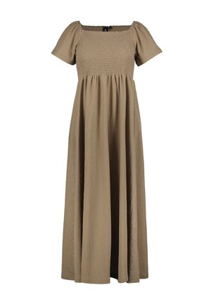 Beige Maxikleid mit kurzen Ärmeln, gerafftem Oberteil und quadratischem Ausschnitt, fließender A-Linien-Rock, strukturierter Stoff.