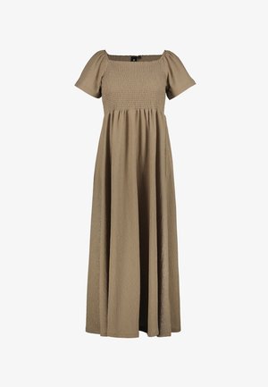 Abito maxi beige a maniche corte con corpetto arricciato e scollo quadrato, gonna a linea ad A fluente, tessuto strutturato.