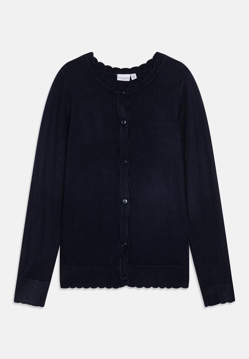 Marineblå cardigan laget av mykt materiale, med en bølget halslinning og en rad med knapper foran, samt ribbestrikkede mansjetter og fald.