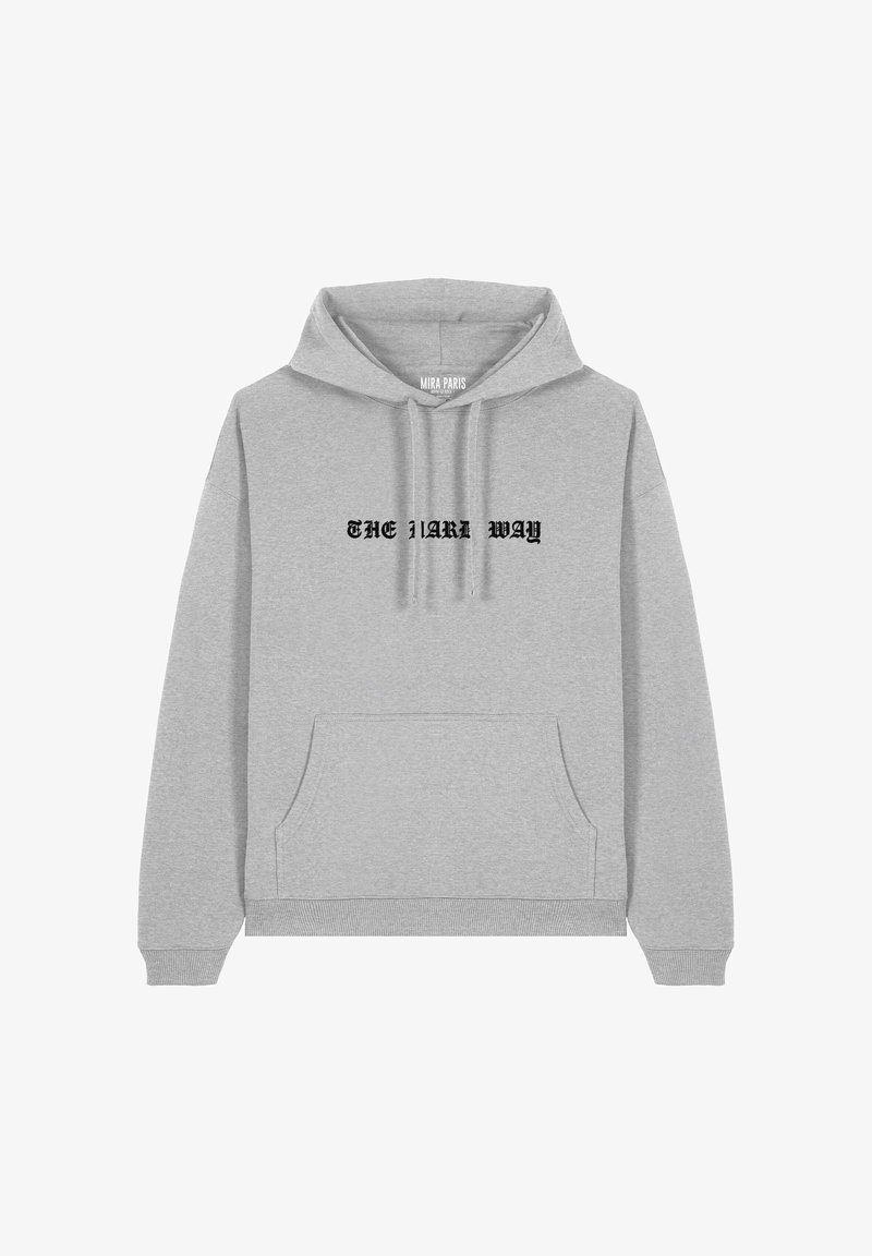 Sweatshirt à capuche gris avec une poche kangourou à l'avant et le texte "THE ART WAY" en lettres noires sur la poitrine.