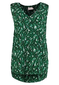 Blouse sans manches verte à imprimé feuilles tropicales, col en V et ourlet arrondi, conçue pour un usage décontracté.