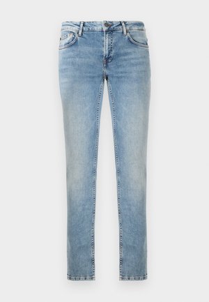 Light blue denim jeans with a straight-leg cut, featuring a faded finish, front pockets, and contrasting stitching. Clean edges at the hem.