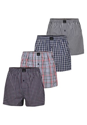 Four pairs of checkered boxers, featuring navy, white, and red patterns, with elastic waistbands and a button fly.