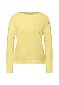 Pull en maille jaune pâle à manches longues avec encolure ronde et poignets et ourlet côtelés, présenté sur un fond blanc.