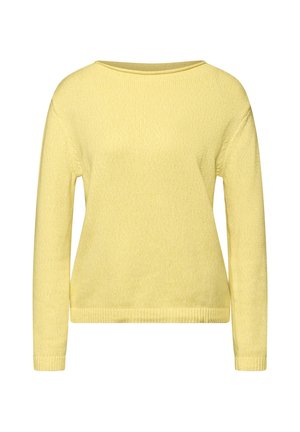 Pull en maille jaune pâle à manches longues avec encolure ronde et poignets et ourlet côtelés, présenté sur un fond blanc.
