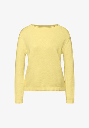 Zachte gele trui met lange mouwen, ronde halslijn en geribbelde boorden aan mouwen en zoom, weergegeven op een witte achtergrond.
