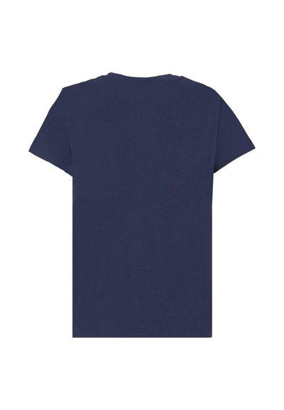 Bawełnaua koszulka w kolorze granatowym, krótki rękaw, okrągły dekolt, gładkie plecy, miękka tekstura, bez widocznych wzorów, starannie wykończone brzegi.