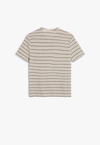 Kurzarm-T-Shirt aus leichtem Stoff mit beigem Grundton und dunkelbraunen horizontalen Streifen im gesamten Design.