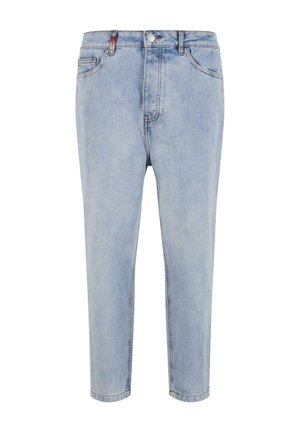 Lys blå denimjeans med høj talje, lige ben og fem-lomme design. Har en knaplukning og subtil falmning.