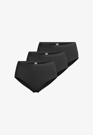 Three pairs of black women's briefs made from a smooth, stretchable fabric. Features a soft waistband and a classic hipster design.