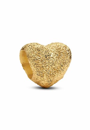 Goldheartförmiger Ring mit einer strukturierten, rauen Oberfläche und glattem Innenband. Highlights umfassen ein glänzendes Finish und eine markante Form.