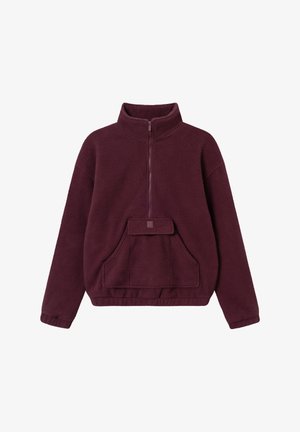 Bordový fleece pulóver s vysokým golierom, polovičným zipsom, prednou vreckovou kapsou a elastickými manžetami a spodným lemom. Mäkko štruktúrovaná tkanina.