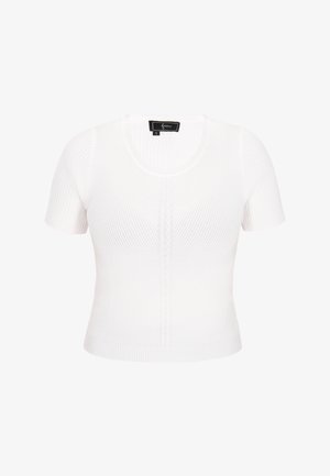 Top corto a maniche corte bianco con scollatura rotonda. Presenta dettagli testurizzati lungo il centro e una silhouette aderente. Taglia S.