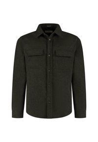 Olijfgroene lange mouwen blouse van zachte stof met knoopsluiting, spitse kraag en twee borstzakken. Beschikt over zwarte knopen voor de sluiting.