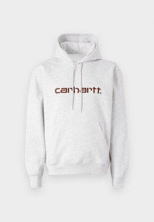 Szara bawełniana bluza z kapturem z kieszenią kangurką, regulowanym kapturem oraz logo "Carhartt" w ciemnym brązie na piersi.