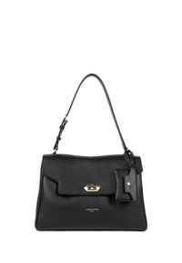 Sac à main en cuir noir avec une forme structurée, des accessoires dorés, une fermeture à rabat et une étiquette amovible. Dispose d'une seule bandoulière.