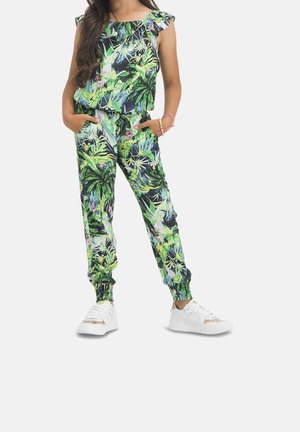 Completo per bambini composto da due pezzi con top a stampa tropicale con scollo elastico e pantaloni abbinati, entrambi in tonalità di verde e nero.