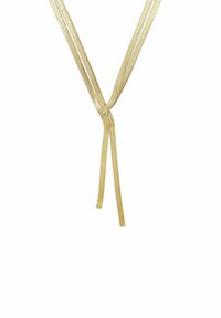 Collana metallica d'oro con un design a forma di Y, caratterizzata da catene lisce e piatte che si restringono verso un nodo nella parte superiore e lunghe estremità pendenti.