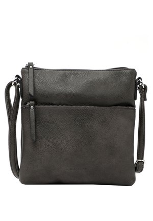 Gray leather crossbody bag with a textured surface, two zippered compartments, and a detachable strap. Simple design with minimal hardware.