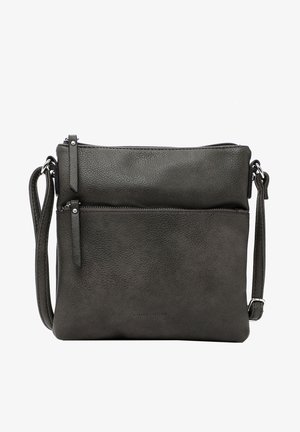 Borsa a tracolla in pelle grigia con superficie testurizzata, due scomparti con cerniera e una tracolla removibile. Design semplice con hardware minimale.