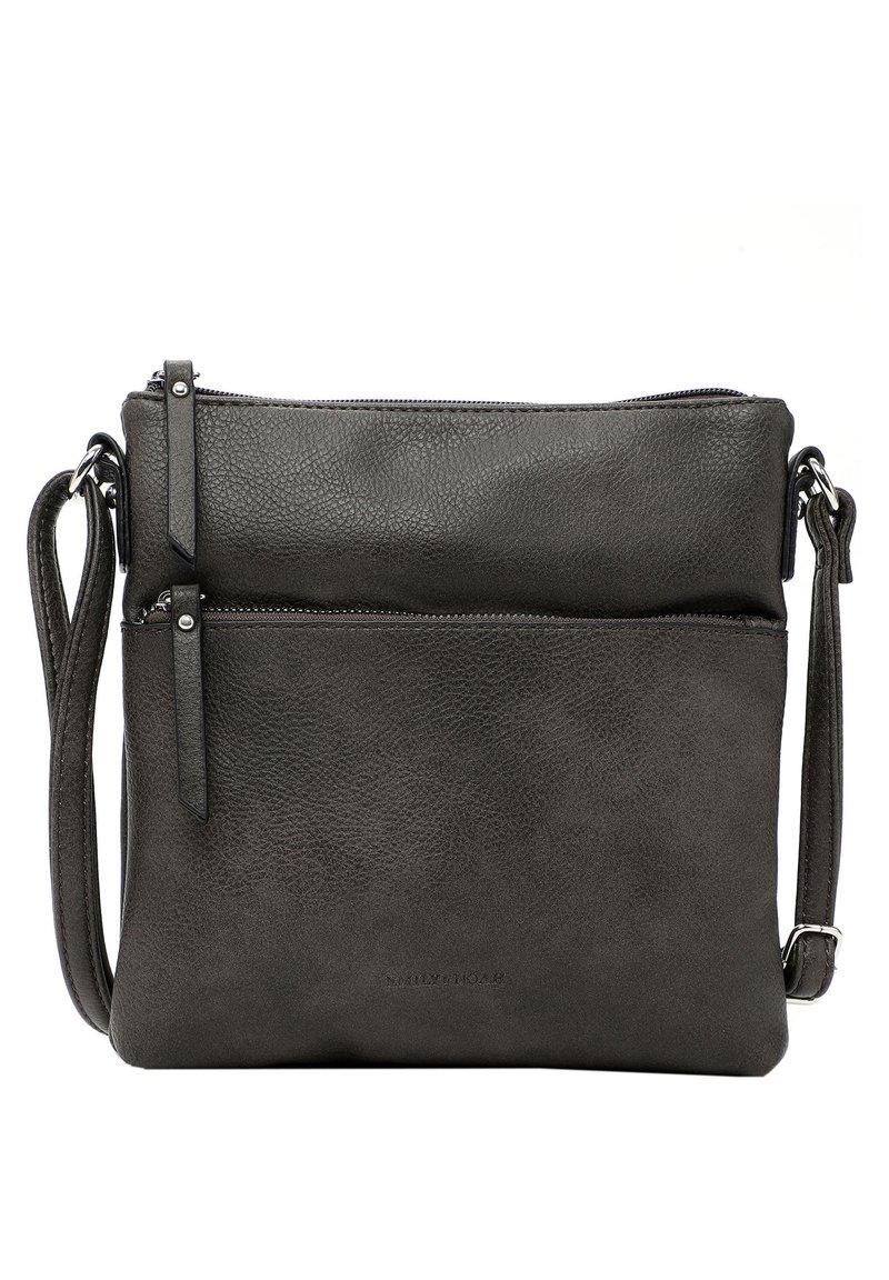 Grå læder crossbody taske med en struktureret overflade, to lynlåslommer og en aftagelig rem. Enkel design med minimal hardware.