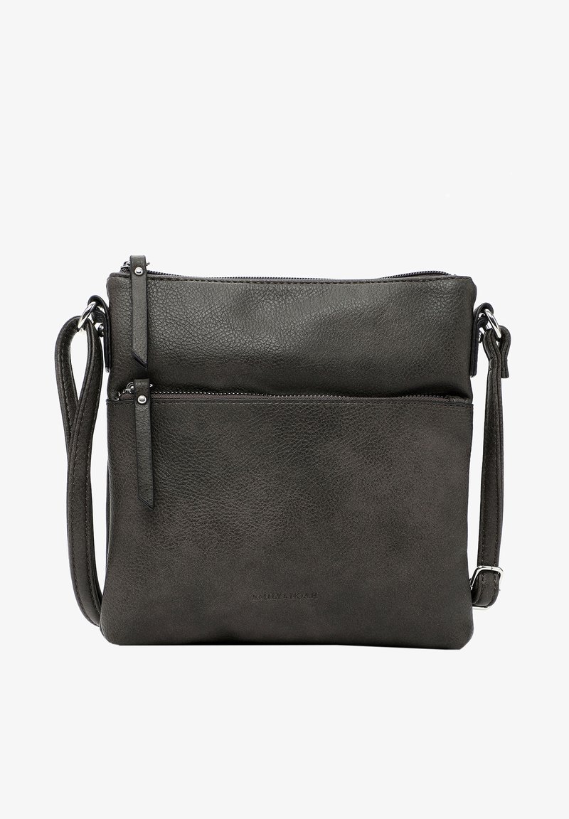 Grau Ledertasche für den Kreuzbody-Tragestil mit strukturiertem Oberflächen, zwei Reißverschlusstaschen und einem abnehmbaren Träger. Einfaches Design mit minimalem Zubehör.